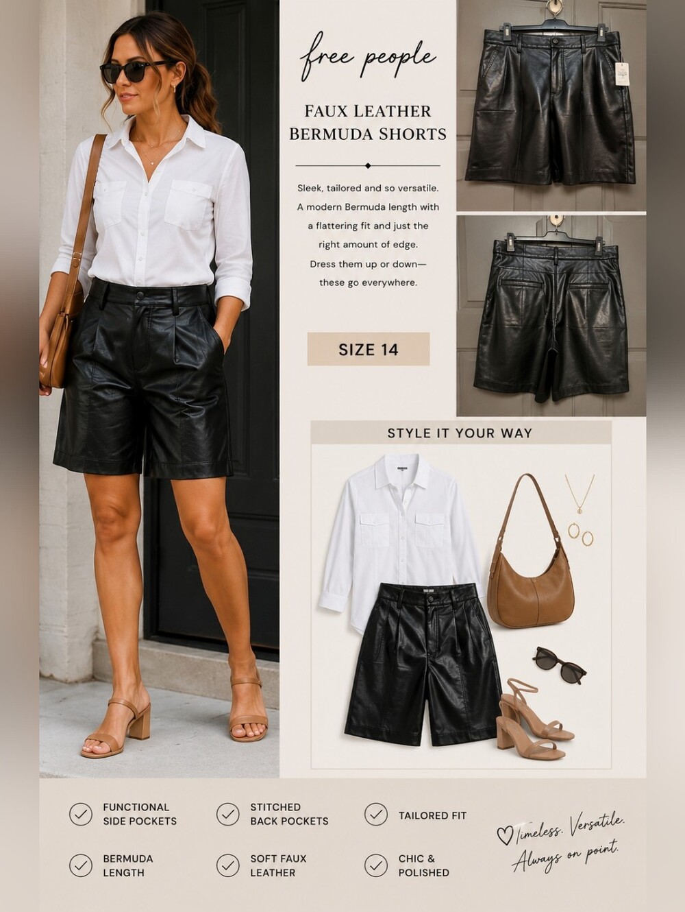 NWT We The Free Faux Leather Bermuda Shorts Size 14 Chic Tailored Black $98